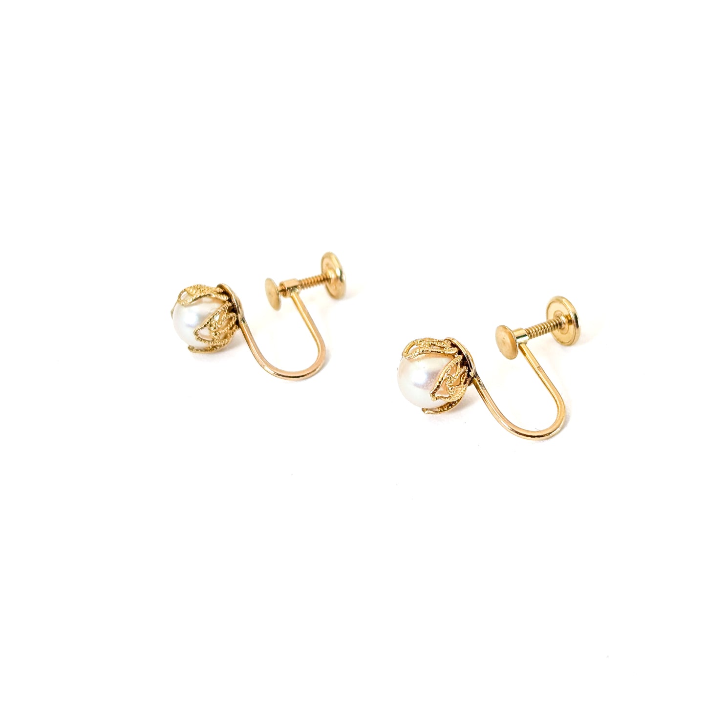 14K Yellow Gold Cultured Pearl Screw Back Earrings – Retro 1940s Jewelry