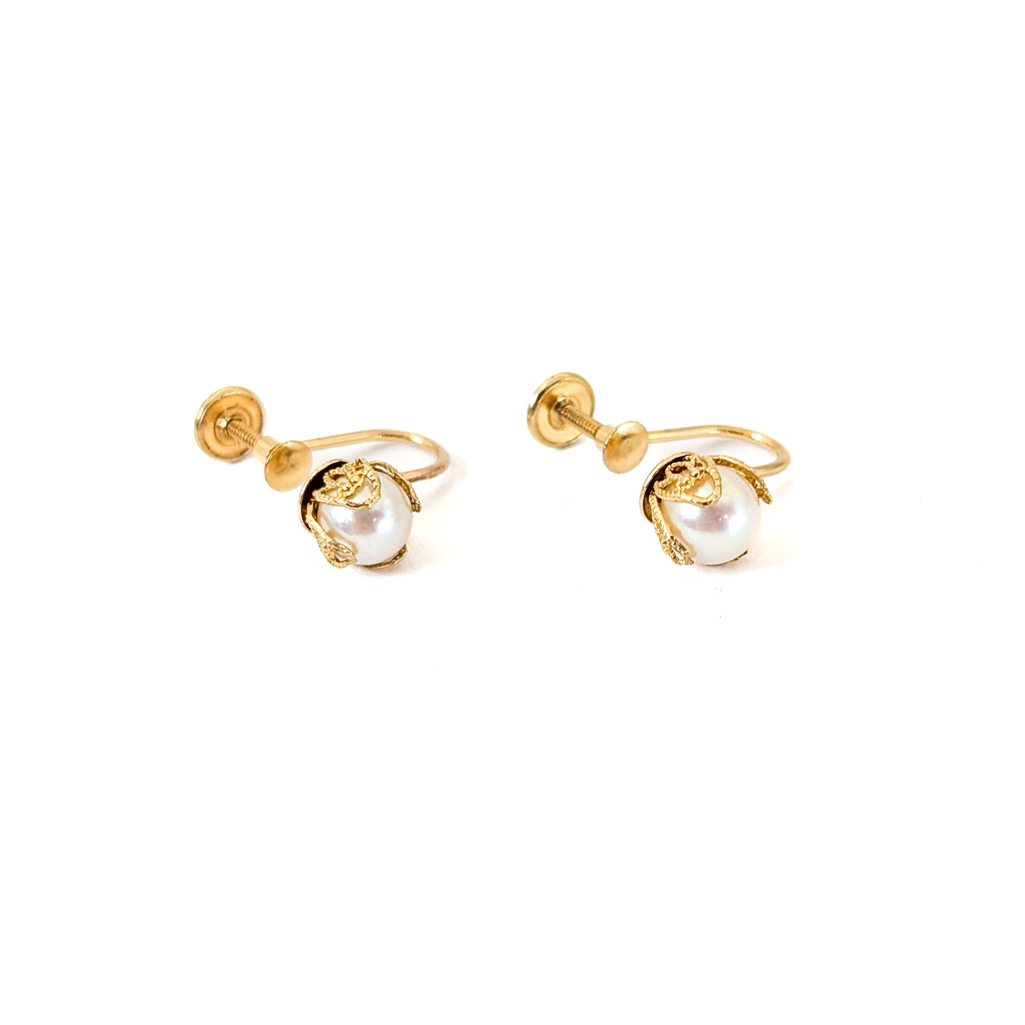 14K Yellow Gold Cultured Pearl Screw Back Earrings – Retro 1940s Jewelry