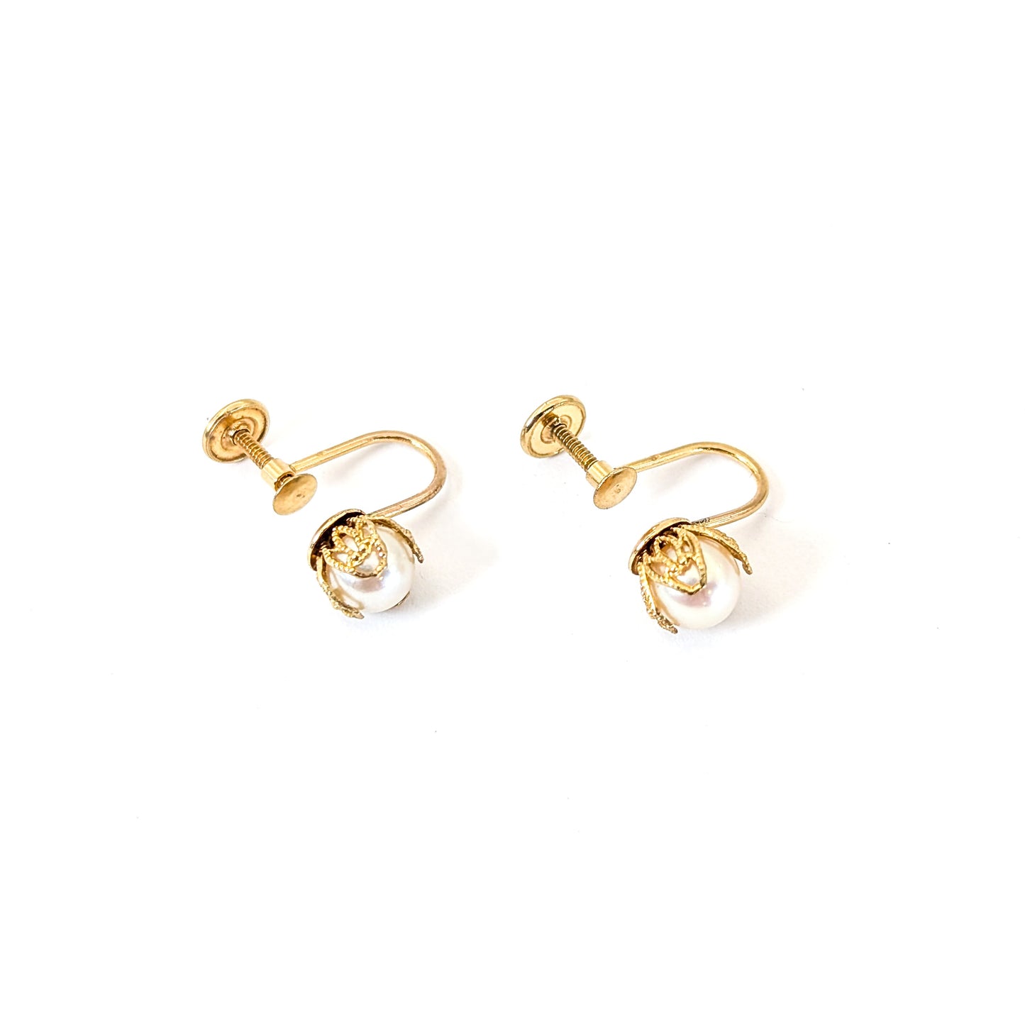 14K Yellow Gold Cultured Pearl Screw Back Earrings – Retro 1940s Jewelry