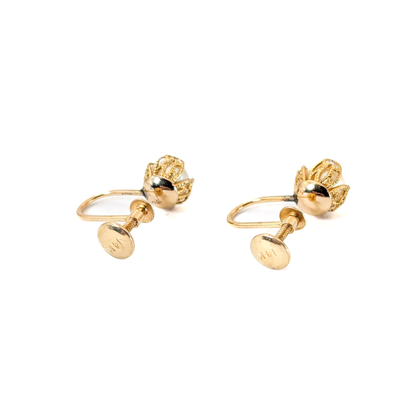 14K Yellow Gold Cultured Pearl Screw Back Earrings – Retro 1940s Jewelry