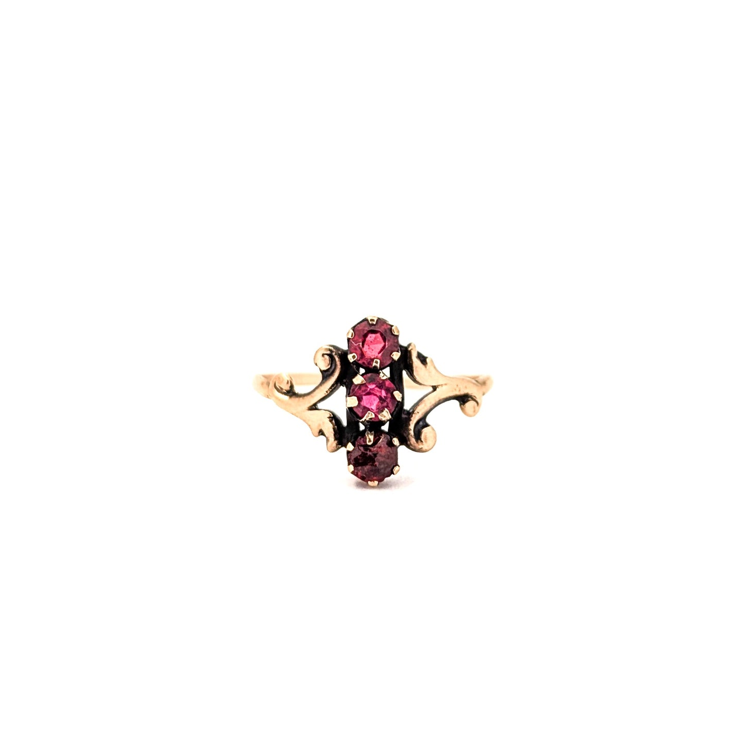 Antique Victorian 10K Gold Glass Ruby Ring – Ornate Scroll Design
