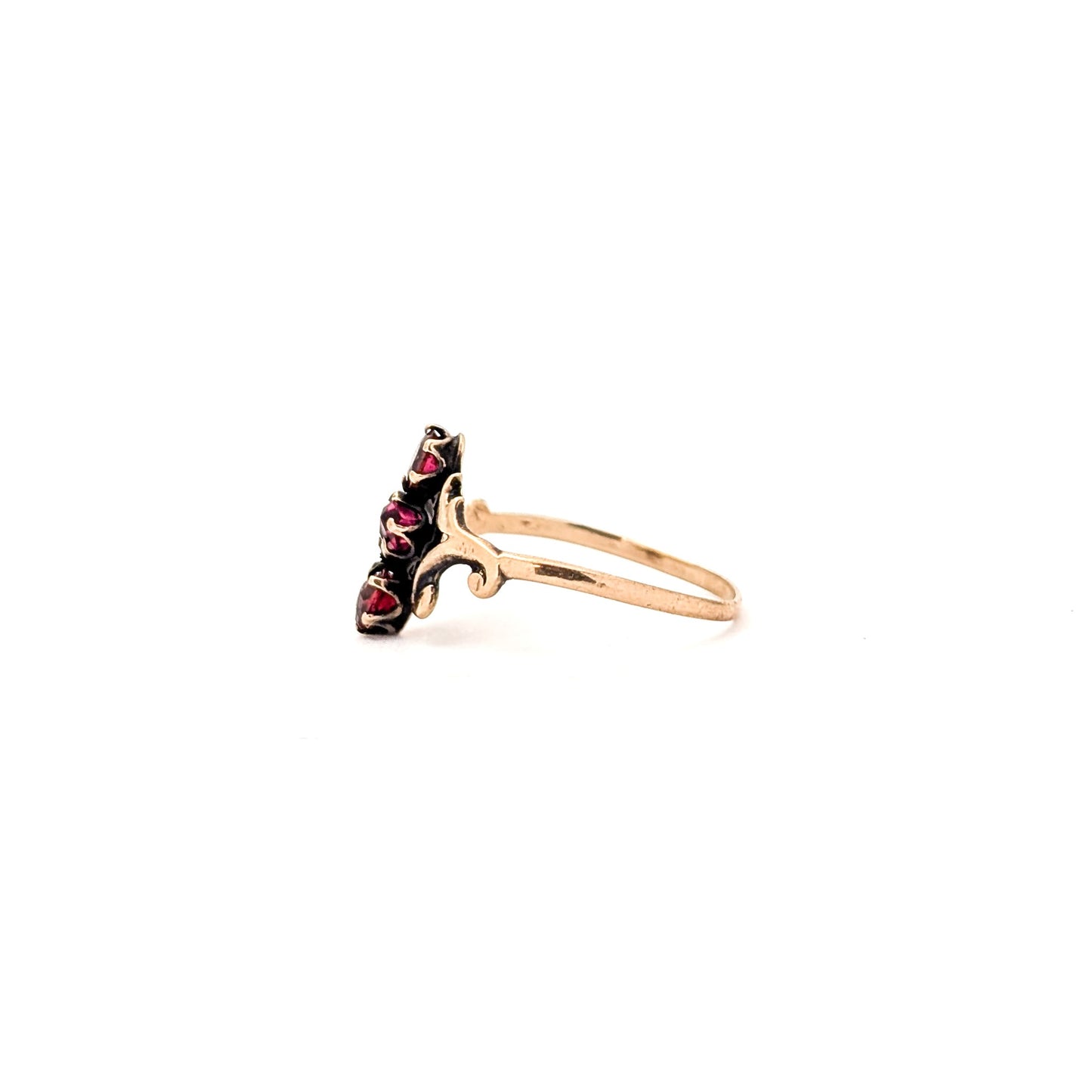 Antique Victorian 10K Gold Glass Ruby Ring – Ornate Scroll Design