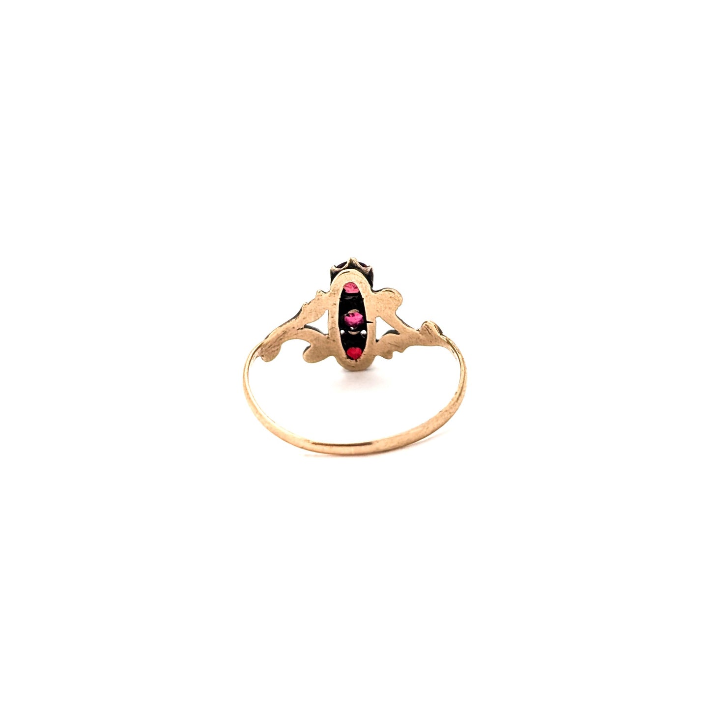 Antique Victorian 10K Gold Glass Ruby Ring – Ornate Scroll Design