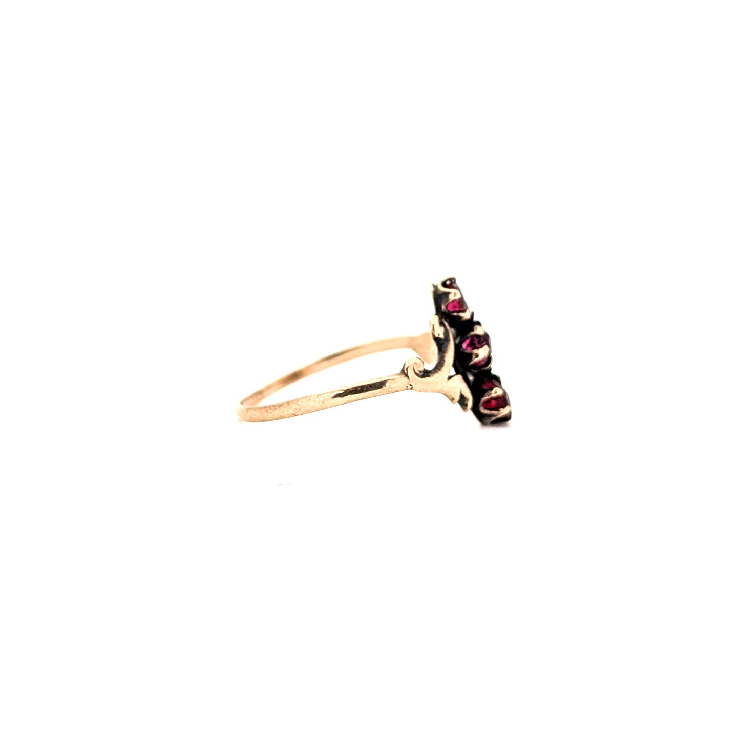 Antique Victorian 10K Gold Glass Ruby Ring – Ornate Scroll Design