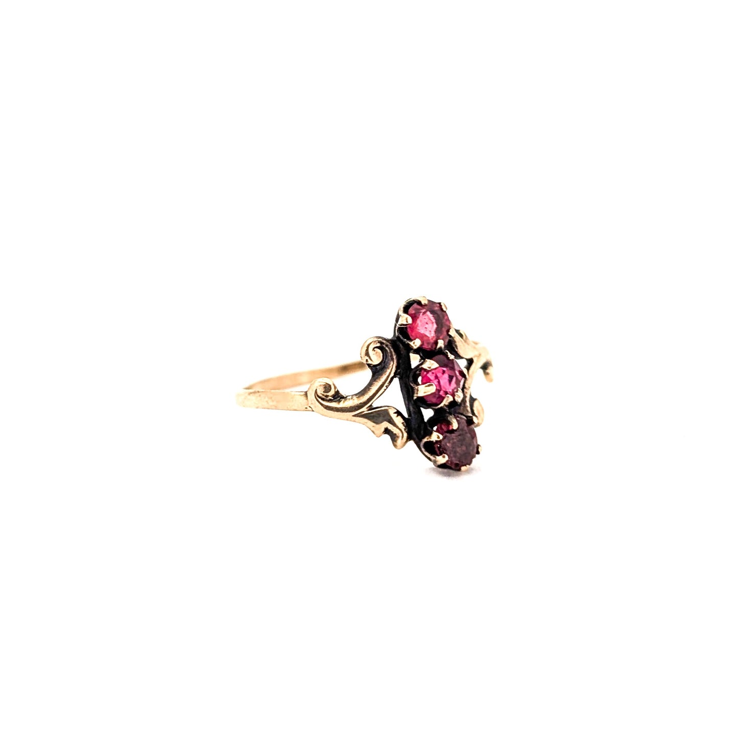 Antique Victorian 10K Gold Glass Ruby Ring – Ornate Scroll Design