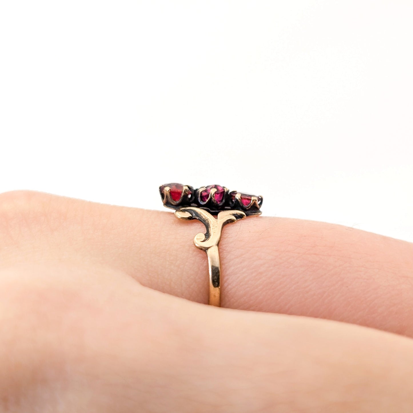 Antique Victorian 10K Gold Glass Ruby Ring – Ornate Scroll Design