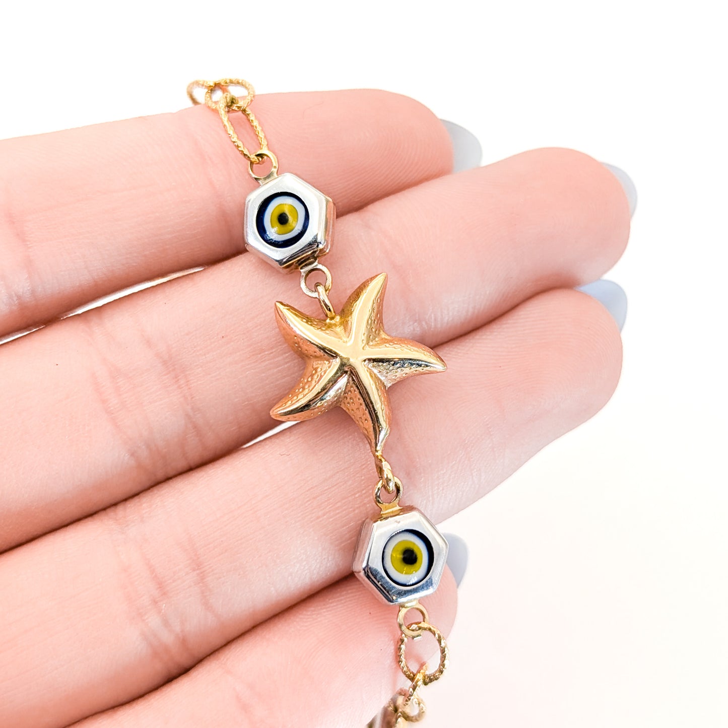 Vintage 14K Gold Starfish & Evil Eye Mermaid Bracelet