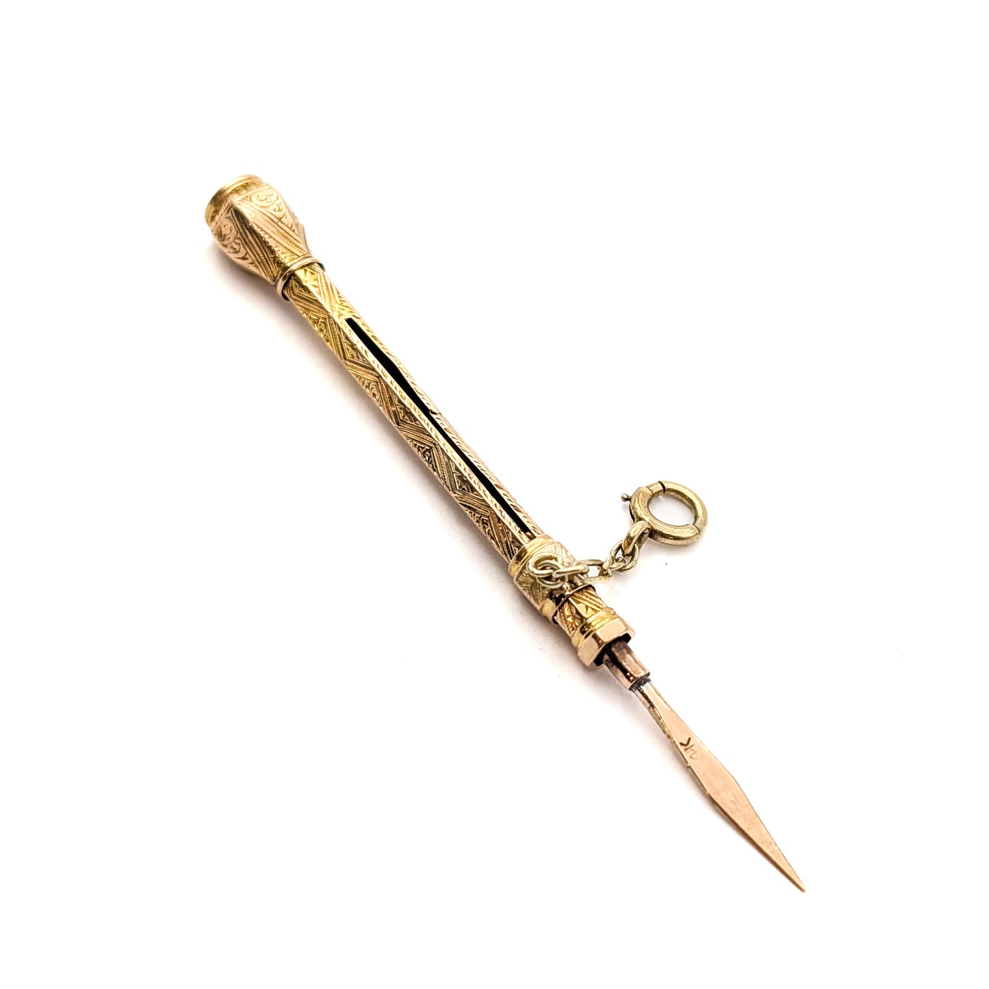 Victorian 14K Gold Retractable Antique Toothpick – Ornate Engraved Mechanical Design