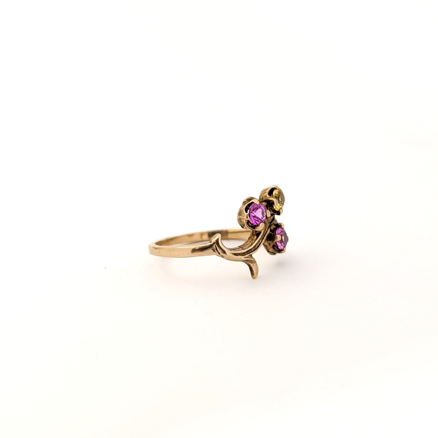 Vintage 10K Gold Floral Ring with Synthetic Pink & Yellow Gemstones
