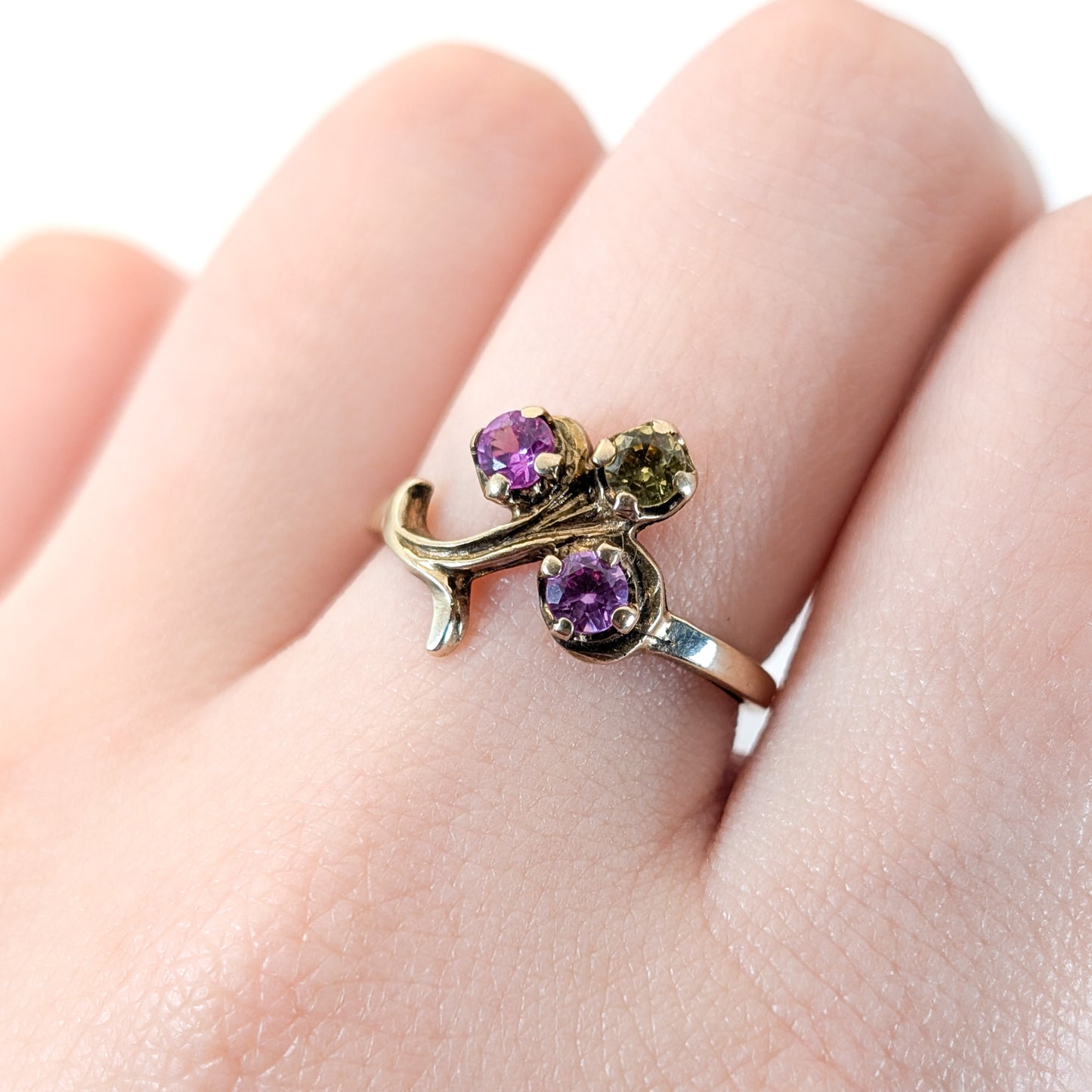 Vintage 10K Gold Floral Ring with Synthetic Pink & Yellow Gemstones