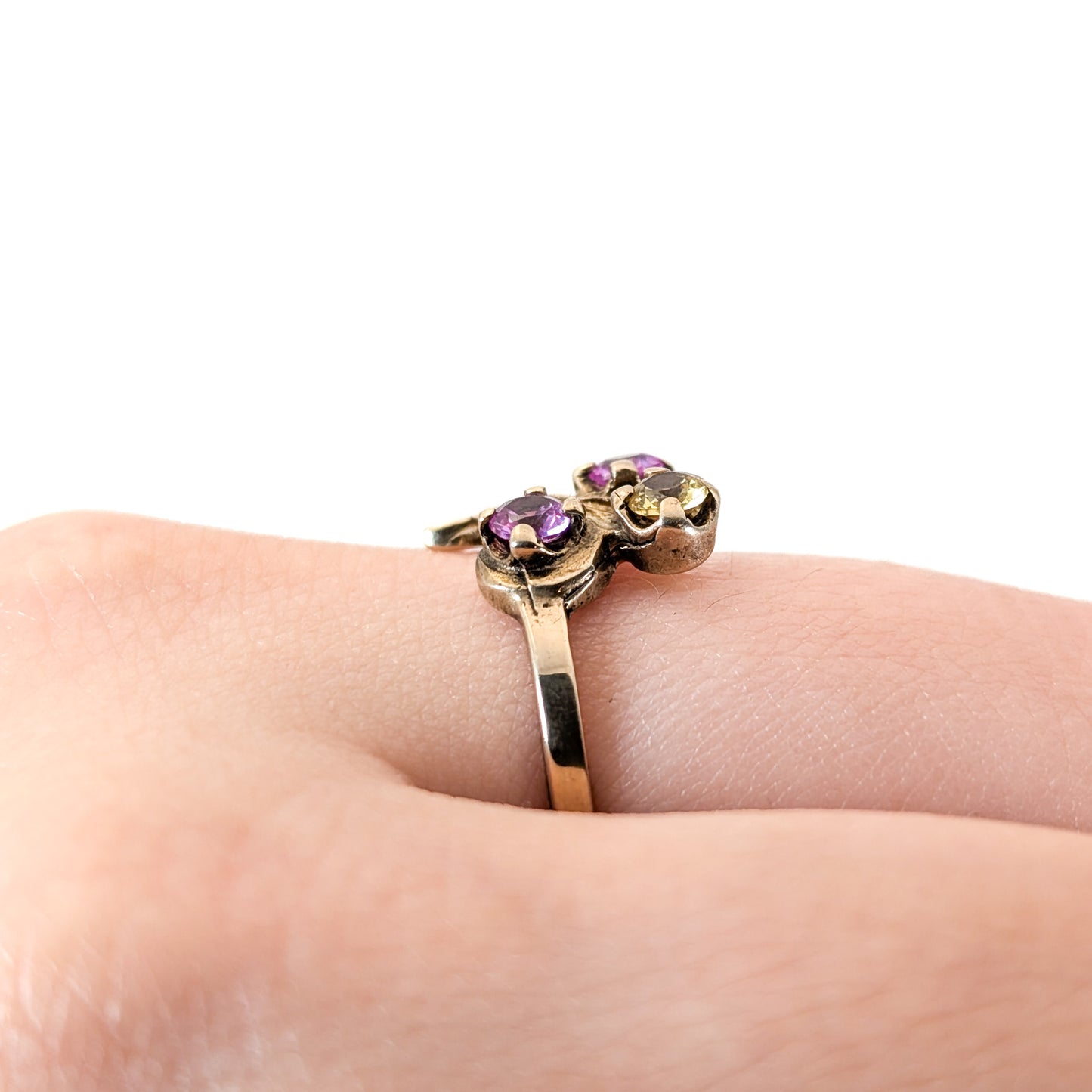 Vintage 10K Gold Floral Ring with Synthetic Pink & Yellow Gemstones