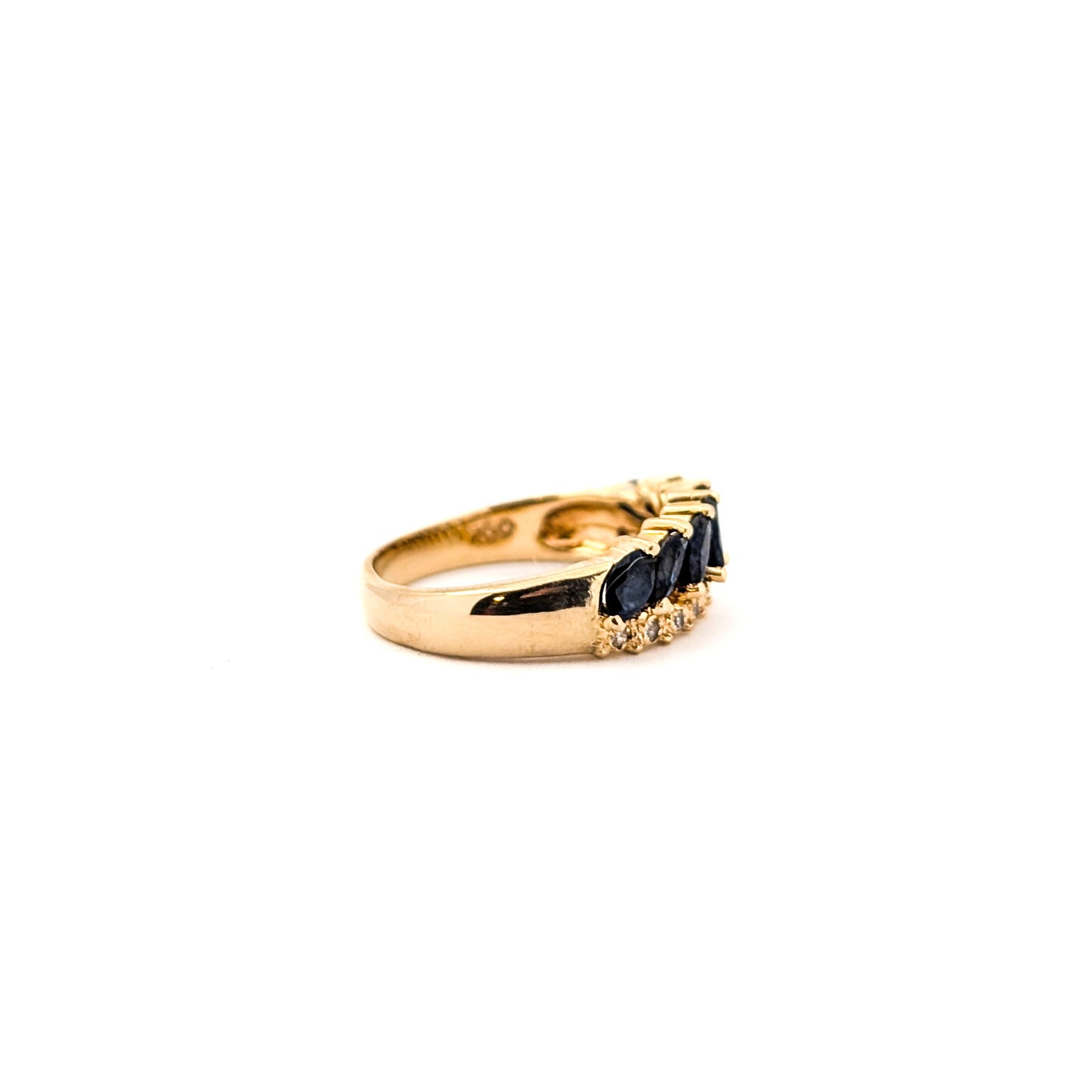 Vintage 14K Gold Marquise Blue Sapphires & Diamond Band Ring