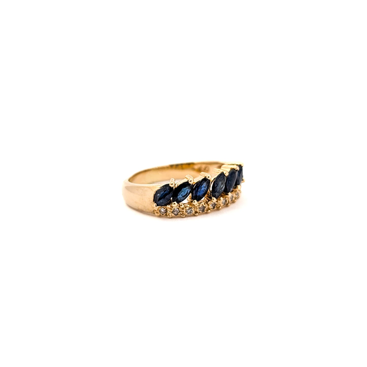 Vintage 14K Gold Marquise Blue Sapphires & Diamond Band Ring