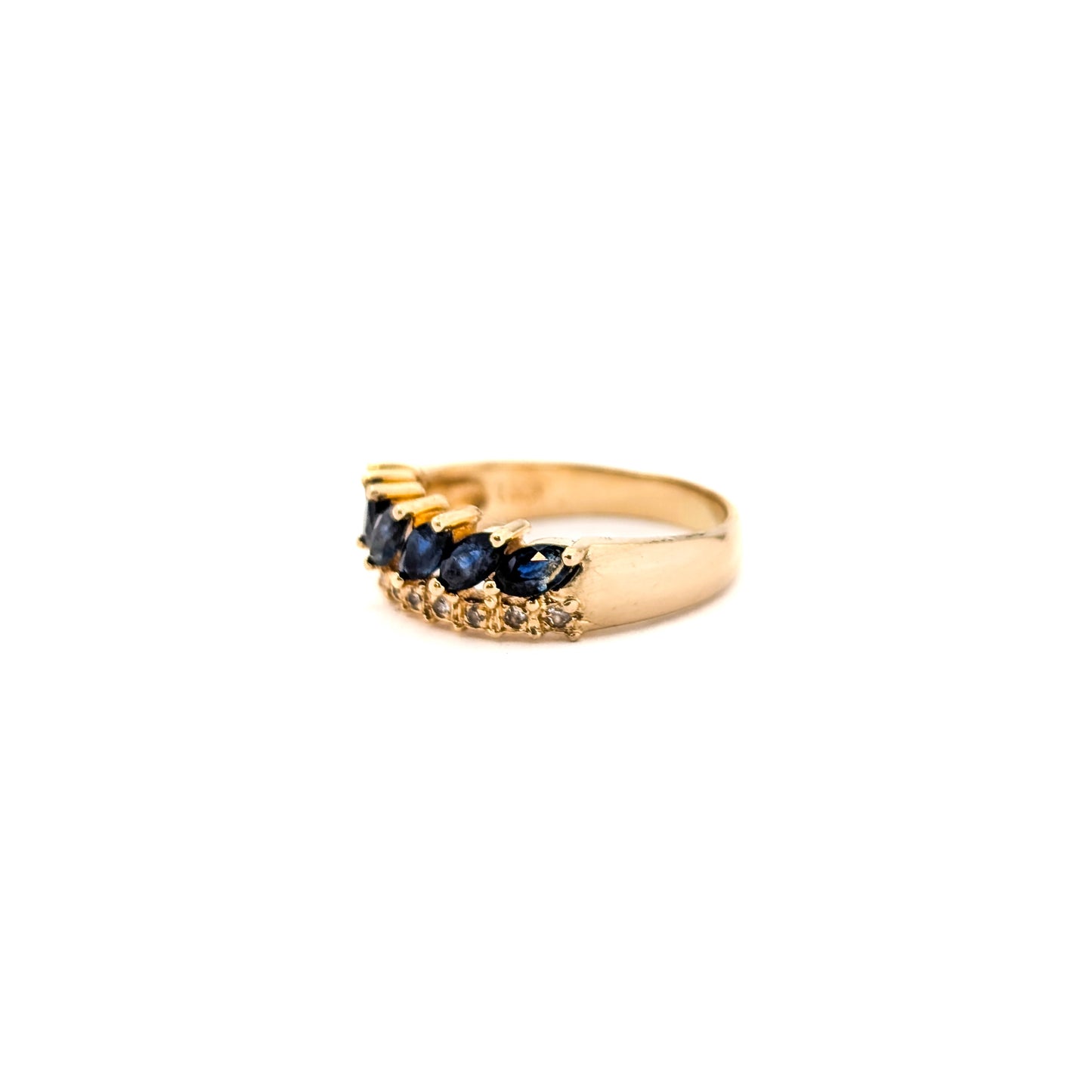 Vintage 14K Gold Marquise Blue Sapphires & Diamond Band Ring