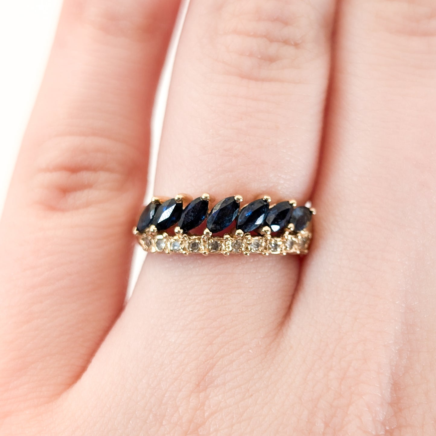 Vintage 14K Gold Marquise Blue Sapphires & Diamond Band Ring