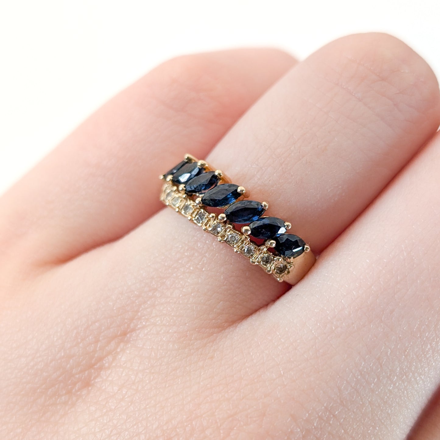 Vintage 14K Gold Marquise Blue Sapphires & Diamond Band Ring