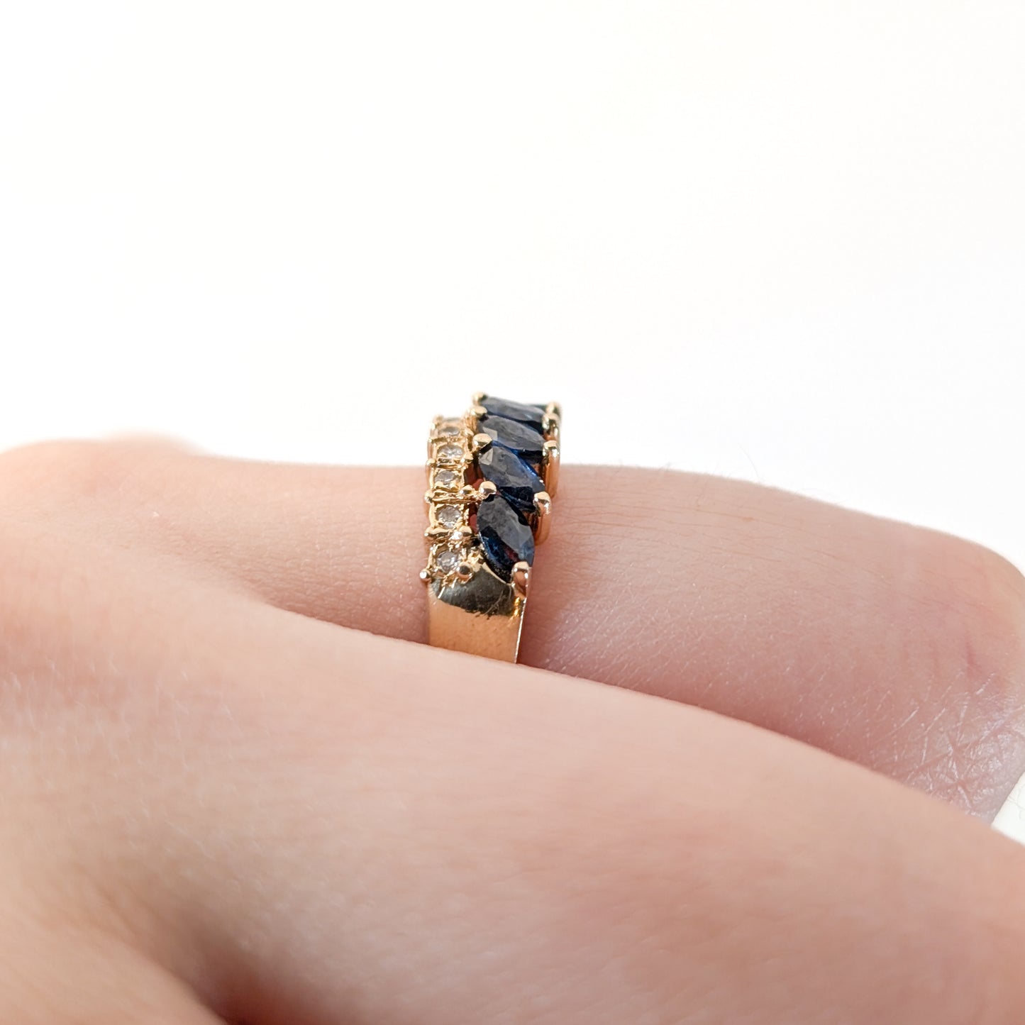 Vintage 14K Gold Marquise Blue Sapphires & Diamond Band Ring