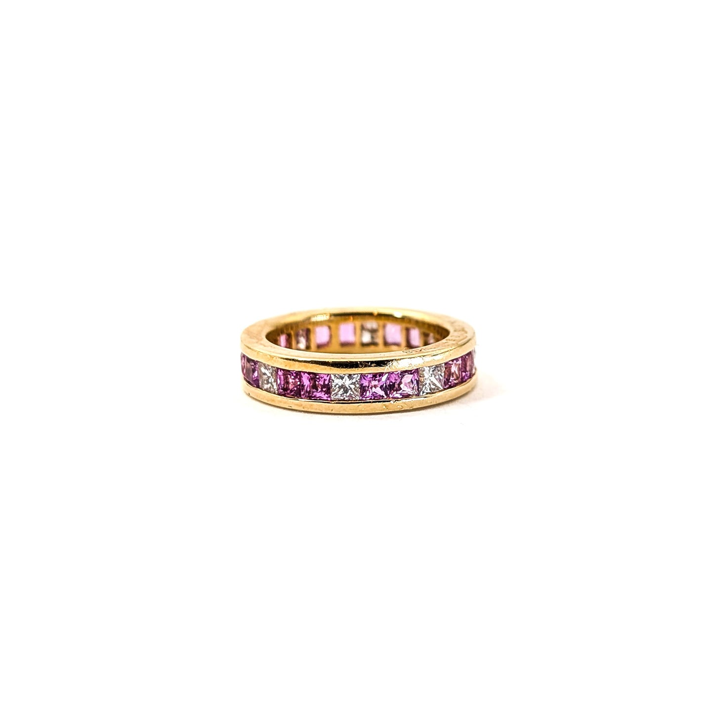 Vintage 18K Gold Eternity Band with Pink Sapphires & Diamonds