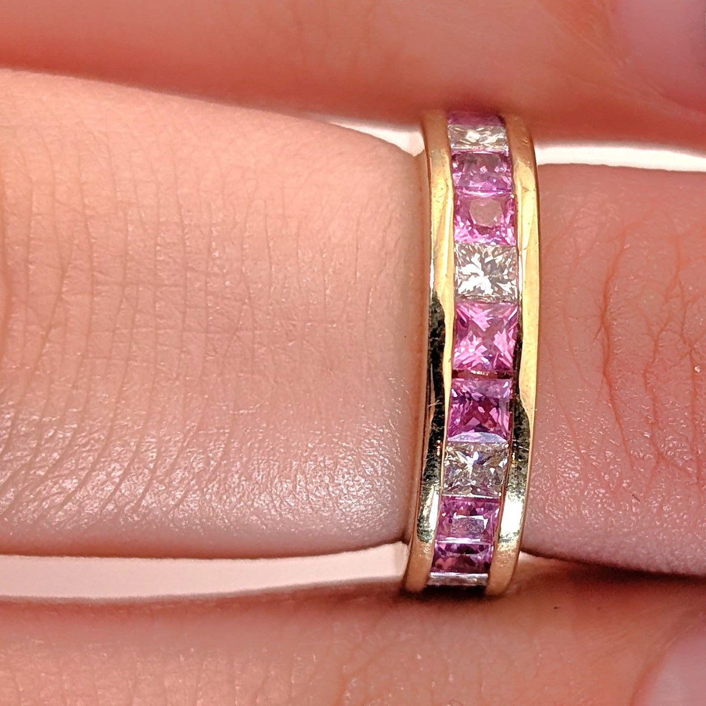 Vintage 18K Gold Eternity Band with Pink Sapphires & Diamonds