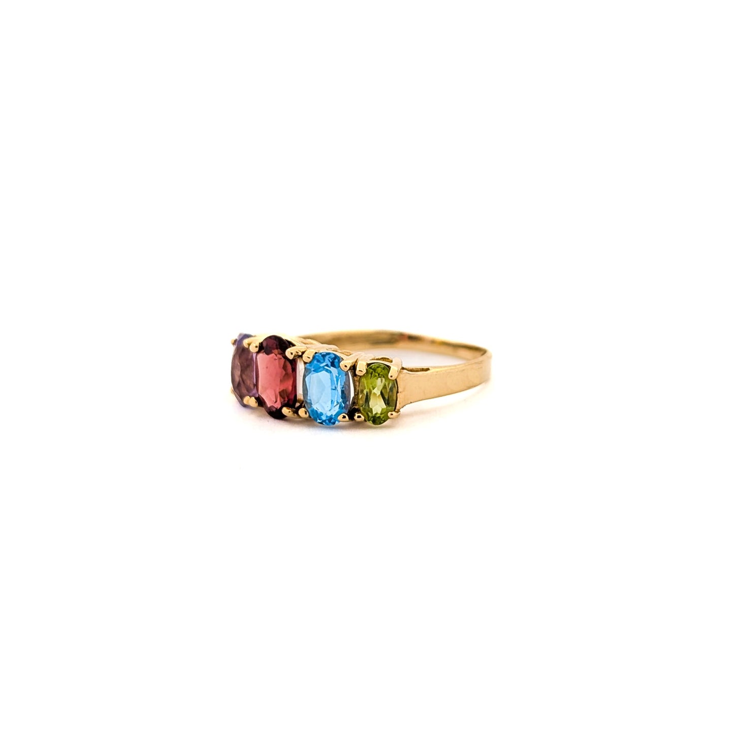 Vintage 10K Yellow Gold Peridot, Topaz, Garnet, Amethyst, and Citrine Ring - A Mid-Century Rainbow Masterpiece