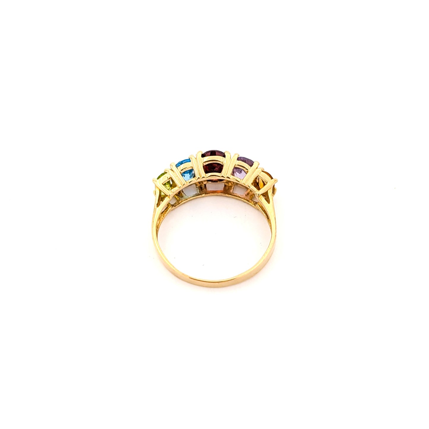 Vintage 10K Yellow Gold Peridot, Topaz, Garnet, Amethyst, and Citrine Ring - A Mid-Century Rainbow Masterpiece