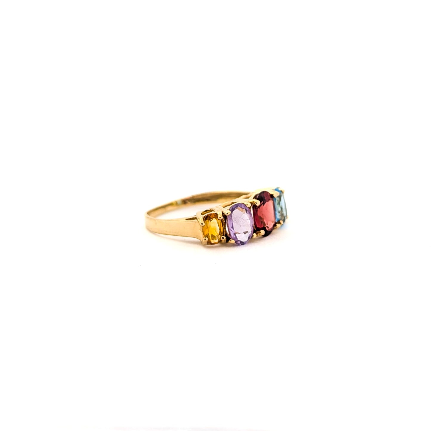 Vintage 10K Yellow Gold Peridot, Topaz, Garnet, Amethyst, and Citrine Ring - A Mid-Century Rainbow Masterpiece
