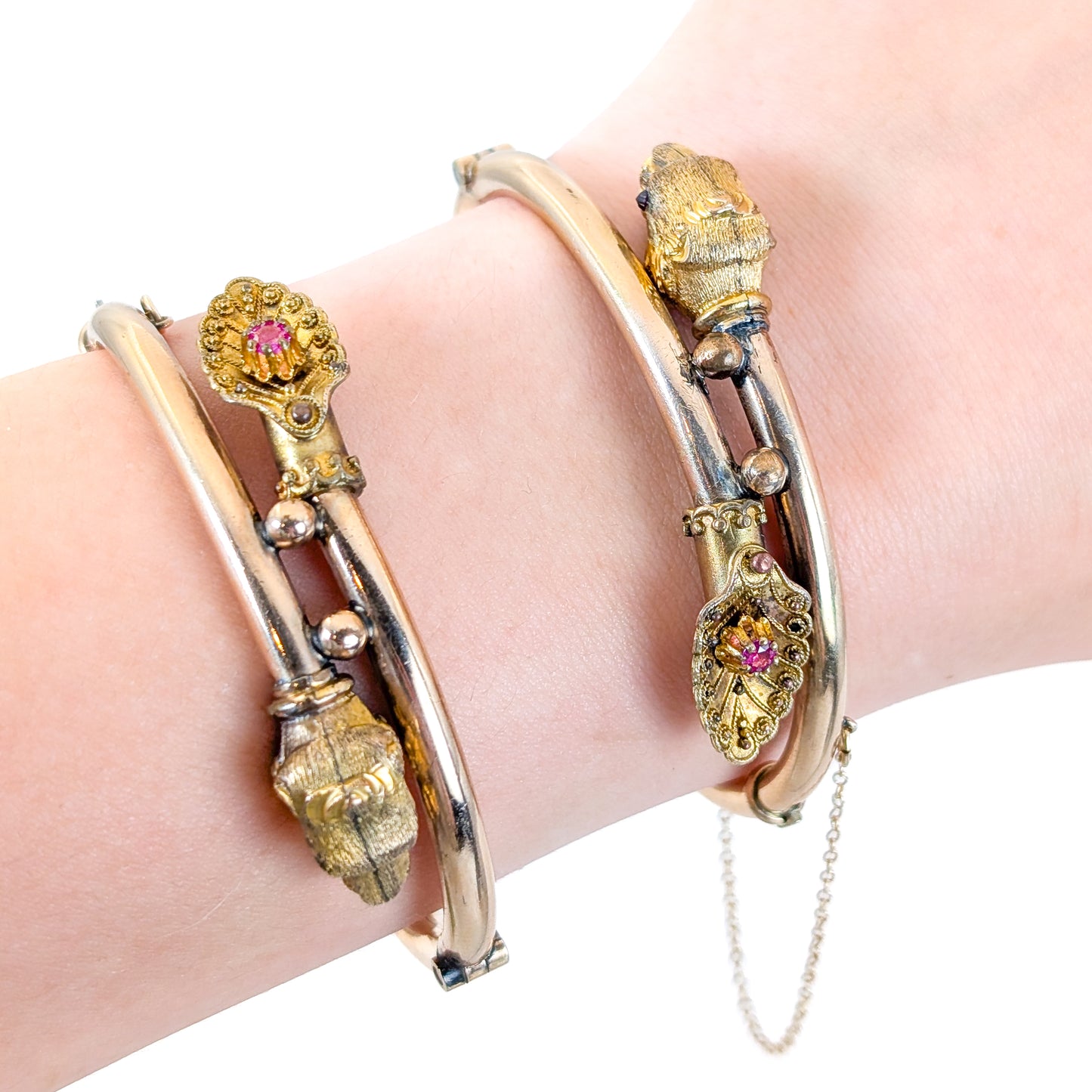 Victorian 14k Gold-Filled Lions Head Wedding Bracelets with Garnet and Ruby Accents – Pair