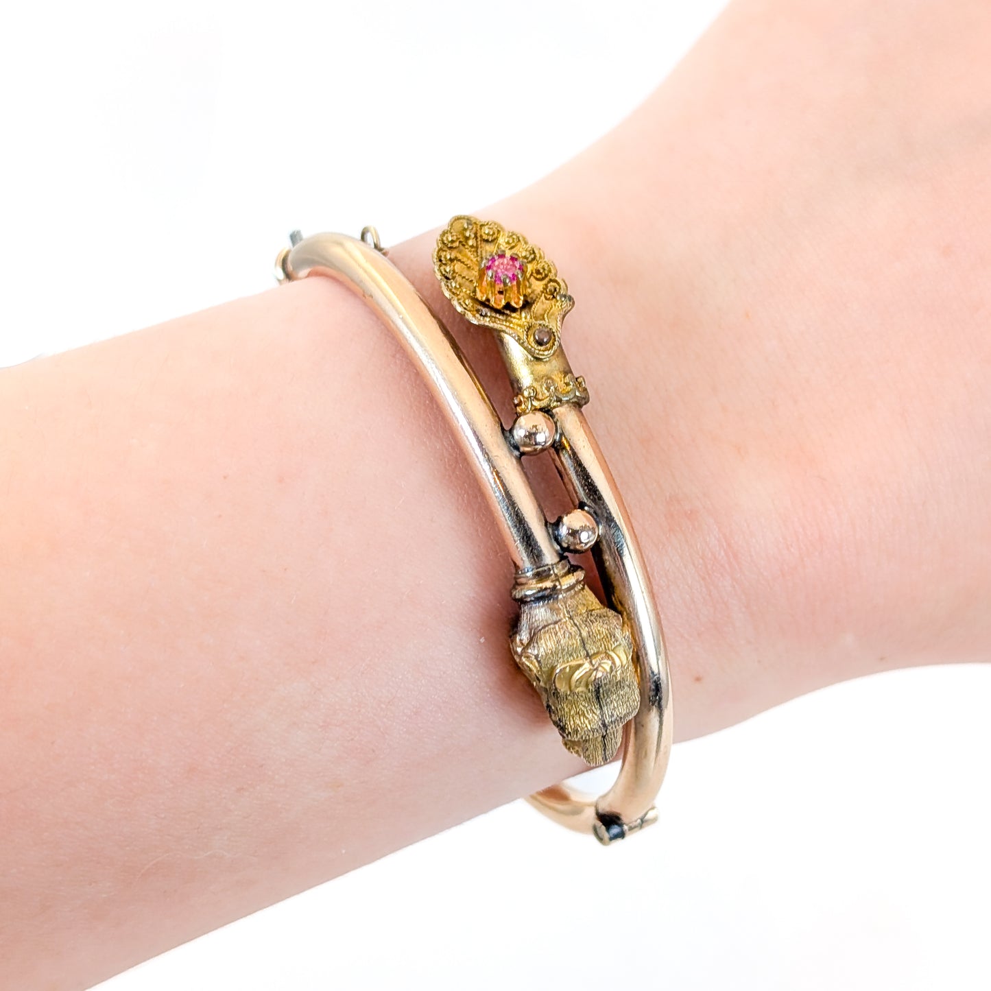 Victorian 14k Gold-Filled Lions Head Wedding Bracelets with Garnet and Ruby Accents – Pair