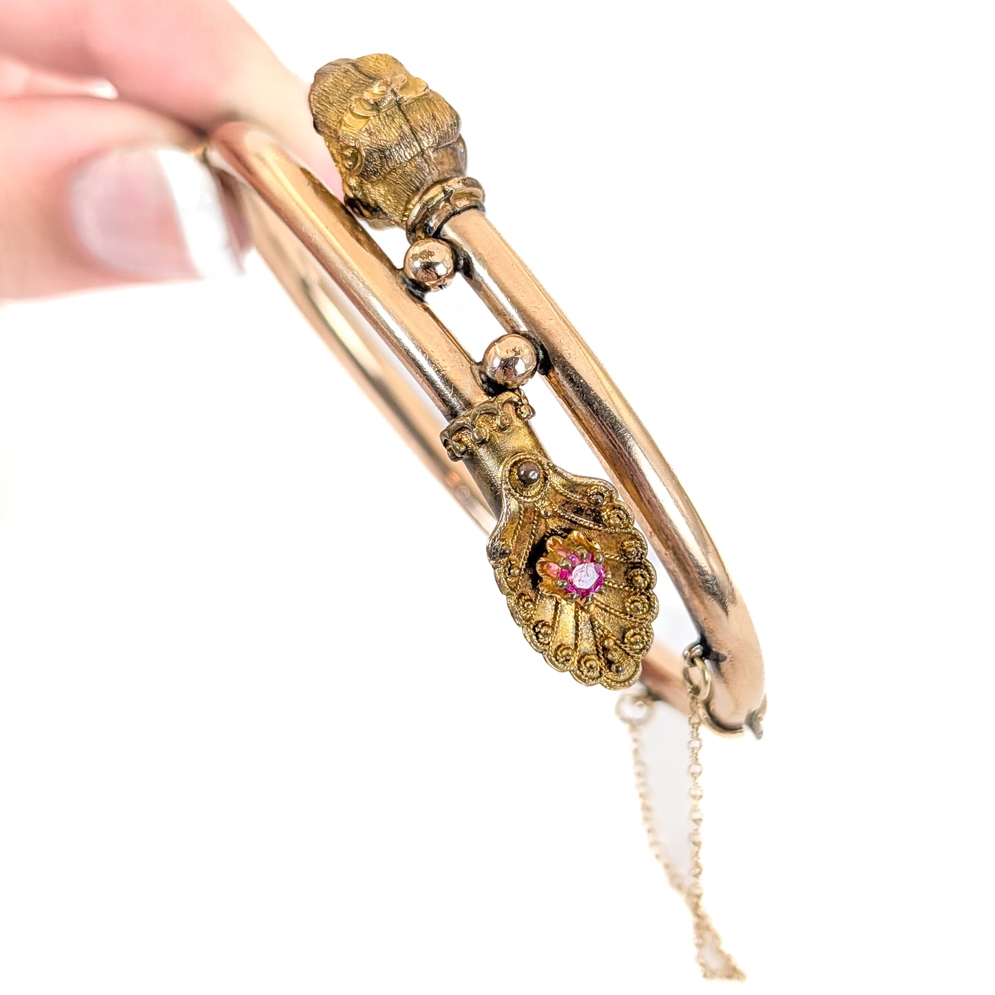 Victorian 14k Gold-Filled Lions Head Wedding Bracelets with Garnet and Ruby Accents – Pair