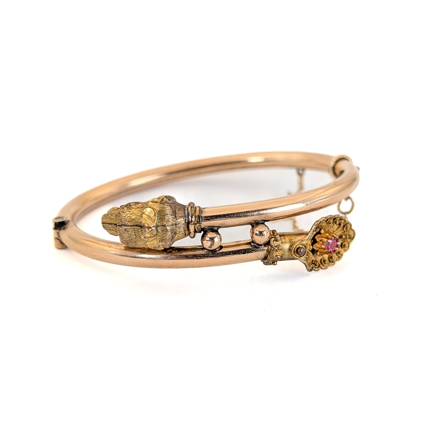 Victorian 14k Gold-Filled Lions Head Wedding Bracelets with Garnet and Ruby Accents – Pair
