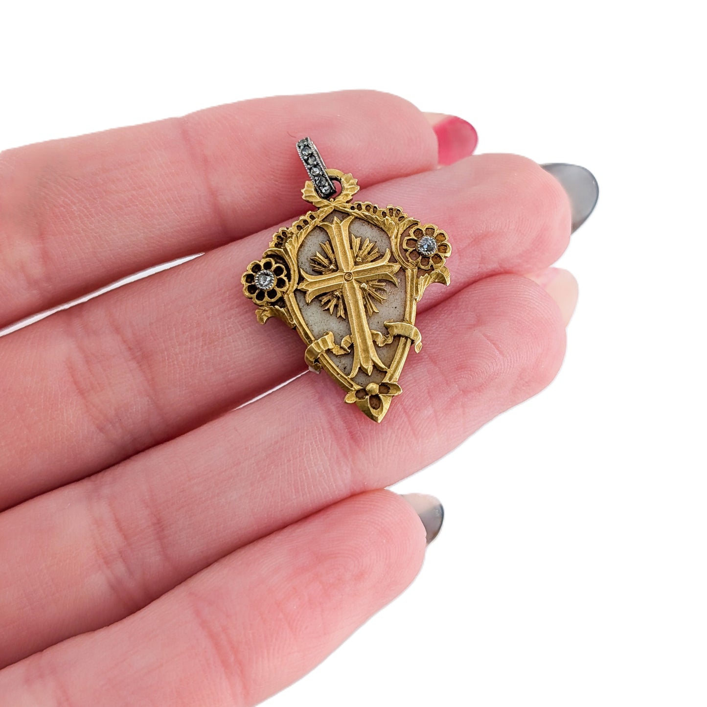 Antique 18K Gold, Platinum & Diamond Memorial Cross Pendant (1844)