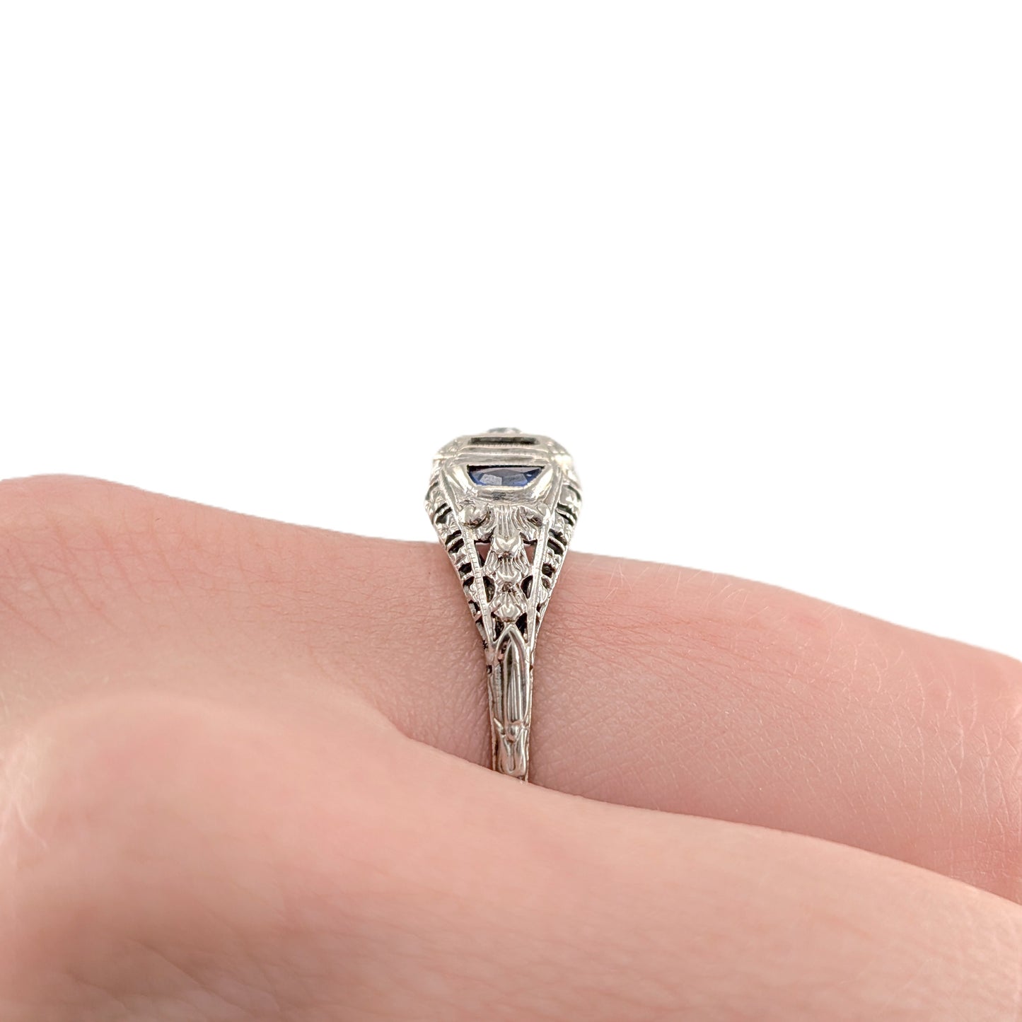 Antique 18K White Gold Diamond & Sapphire Ring - Filigree Engagement Ring