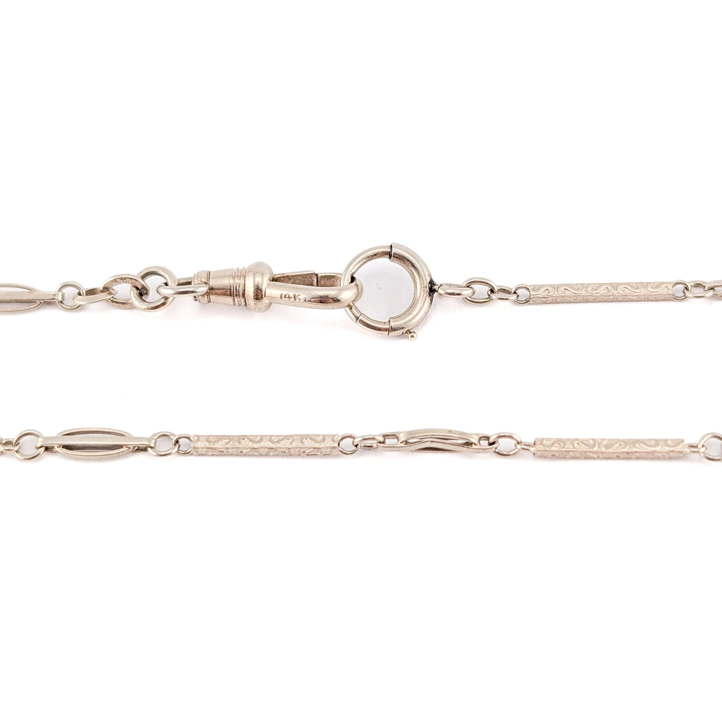 Antique 14K White Gold Art Deco Watch Chain With Engraved Bar Links - Swivel Dog Clip