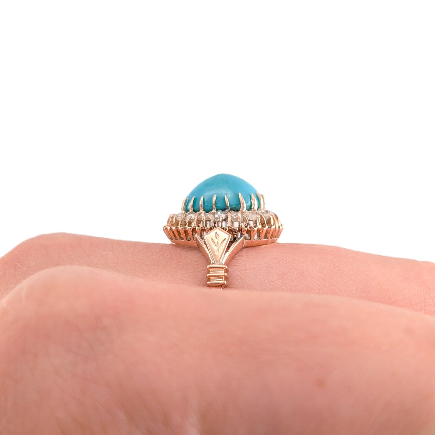 Antique Victorian 10K Rose Gold Turquoise And Rose-cut Diamond Halo Ring
