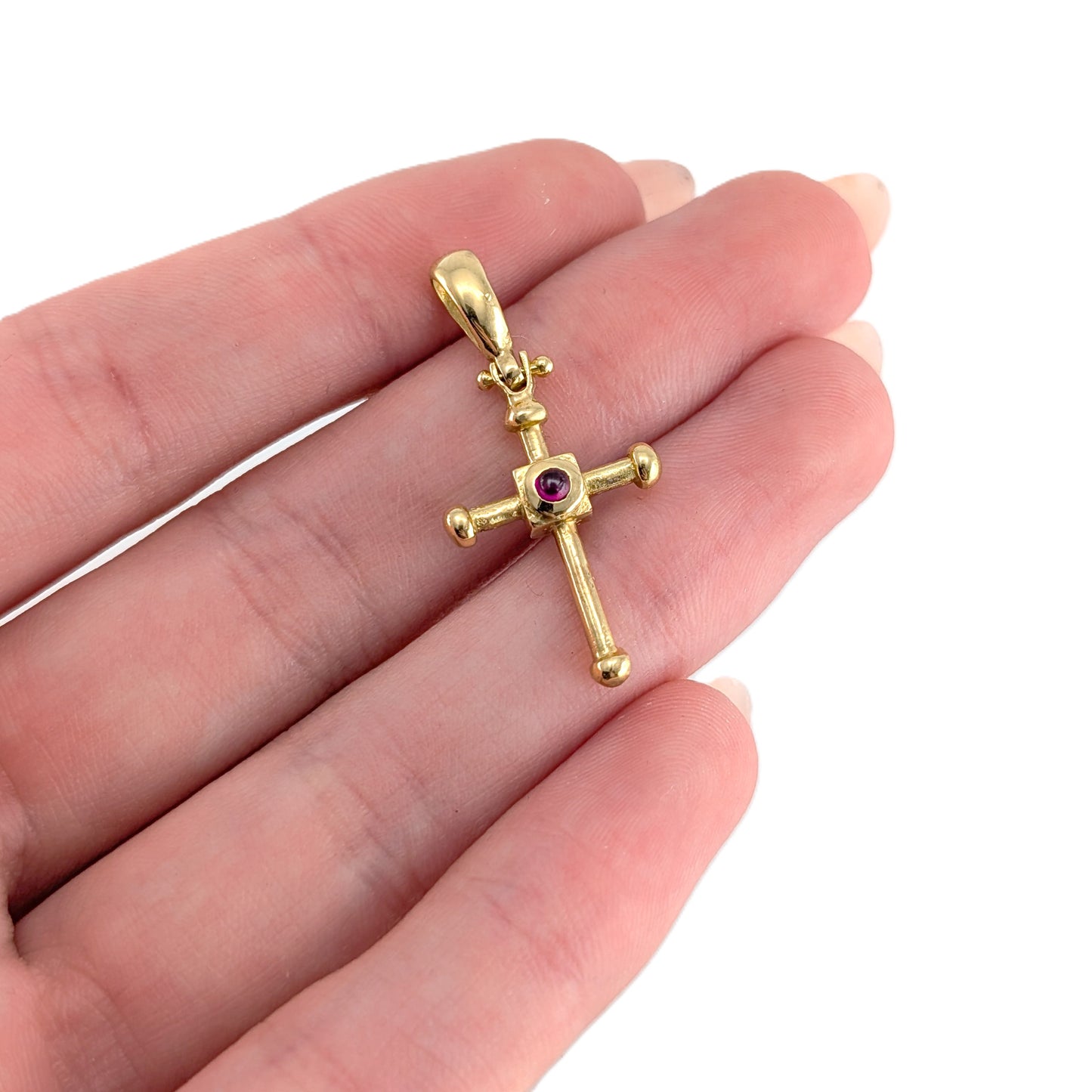Vintage 18K Gold Bezel Set Ruby Cross Pendant