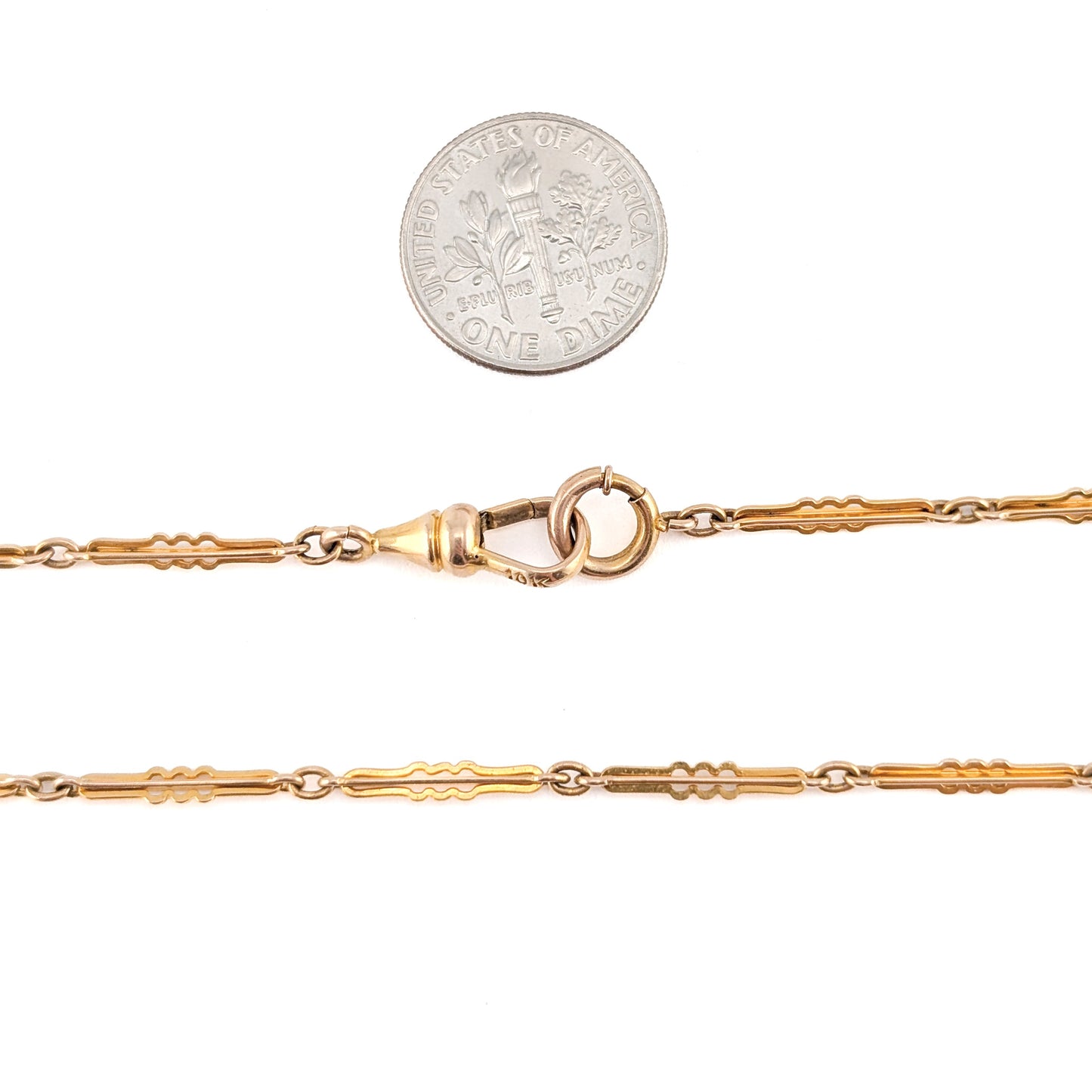 Antique 10K Yellow Gold Decorative Bar Link Watch Chain, 13"