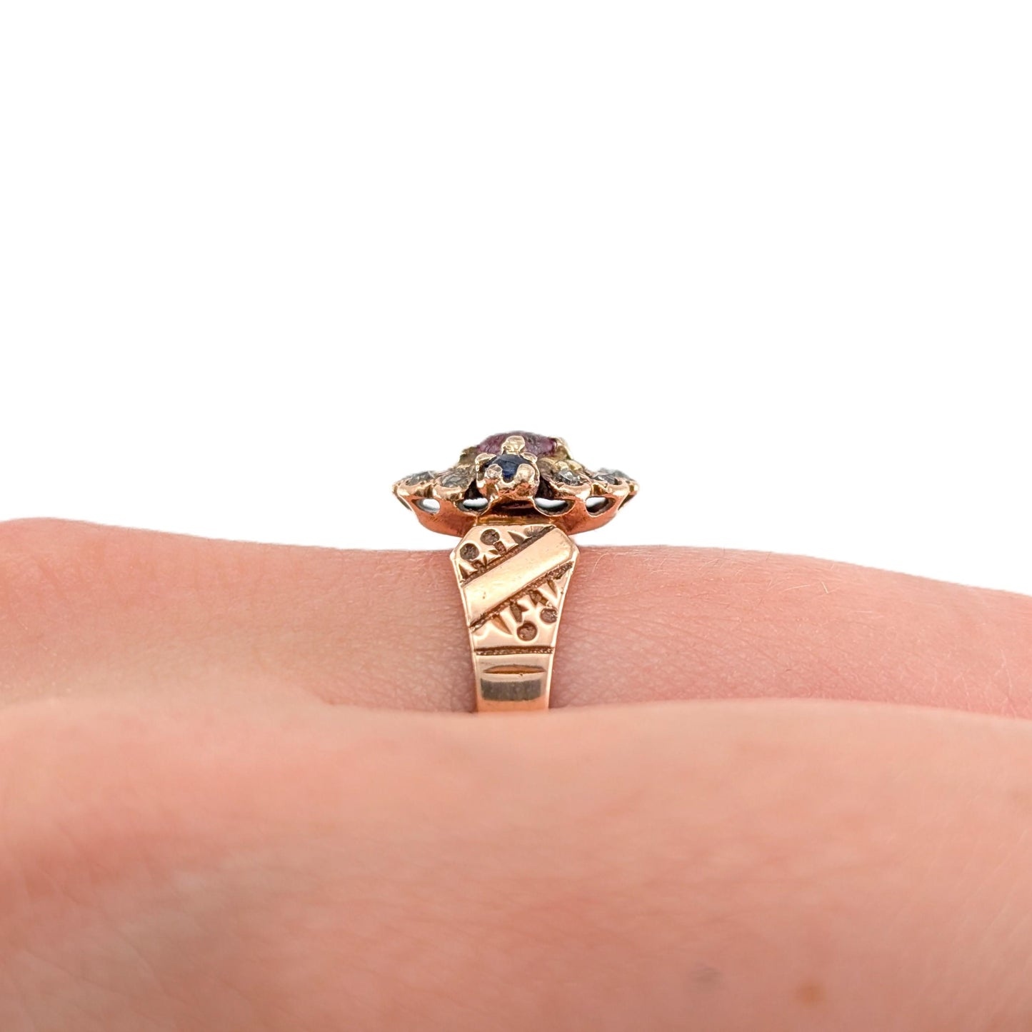 Antique Victorian 10k Gold Red Paste, Sapphire & Diamond Ring