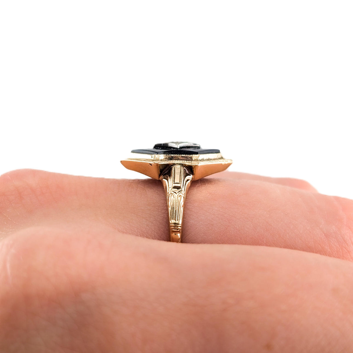Art Deco 10K Gold Black Onyx & Diamond Ring with Platinum Accent