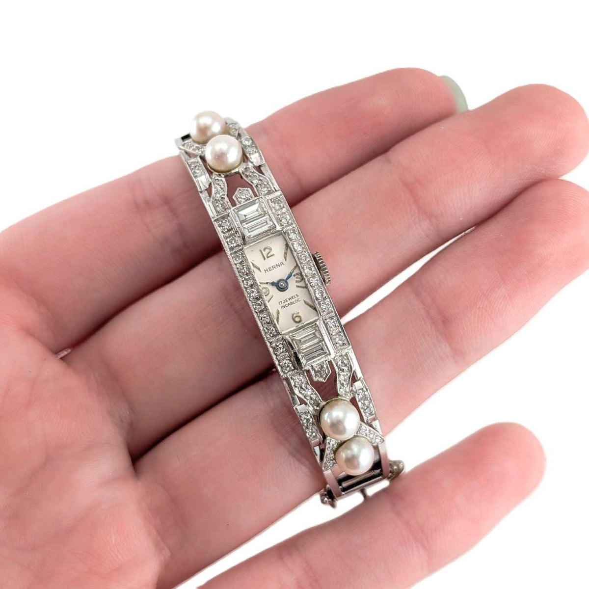 Vintage Herna 14K White Gold Diamond & Pearl Mechanical Wristwatch