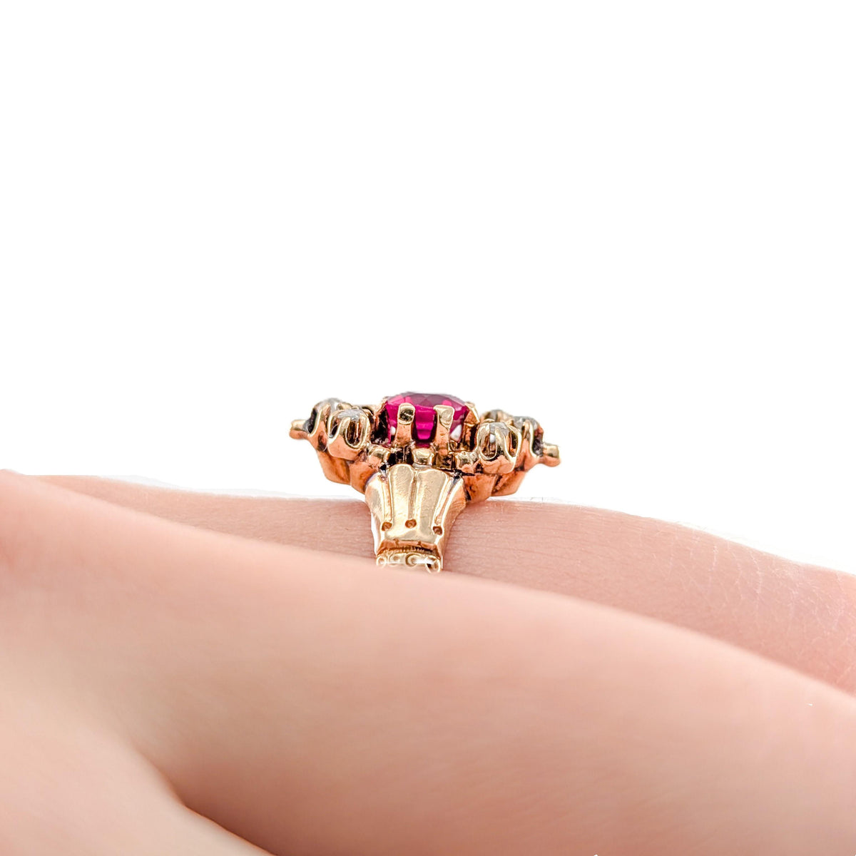 Antique Victorian 10K Gold Synthetic Ruby & Rose-Cut Diamond Ring