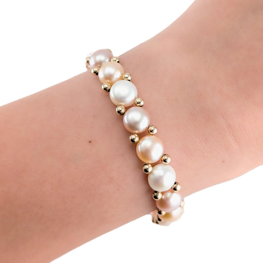 Estate 14K Yellow Gold Multicolor Cultured Button Pearl Beaded Stretch Bracelet