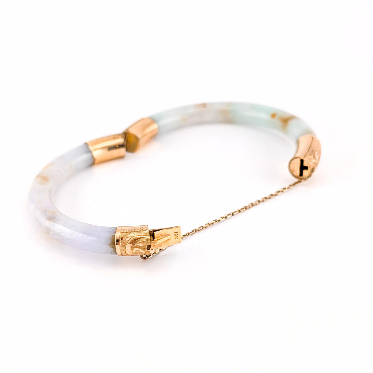 Vintage Mid-Century 14K Yellow Gold Jadeite Jade Hinged Bangle Bracelet