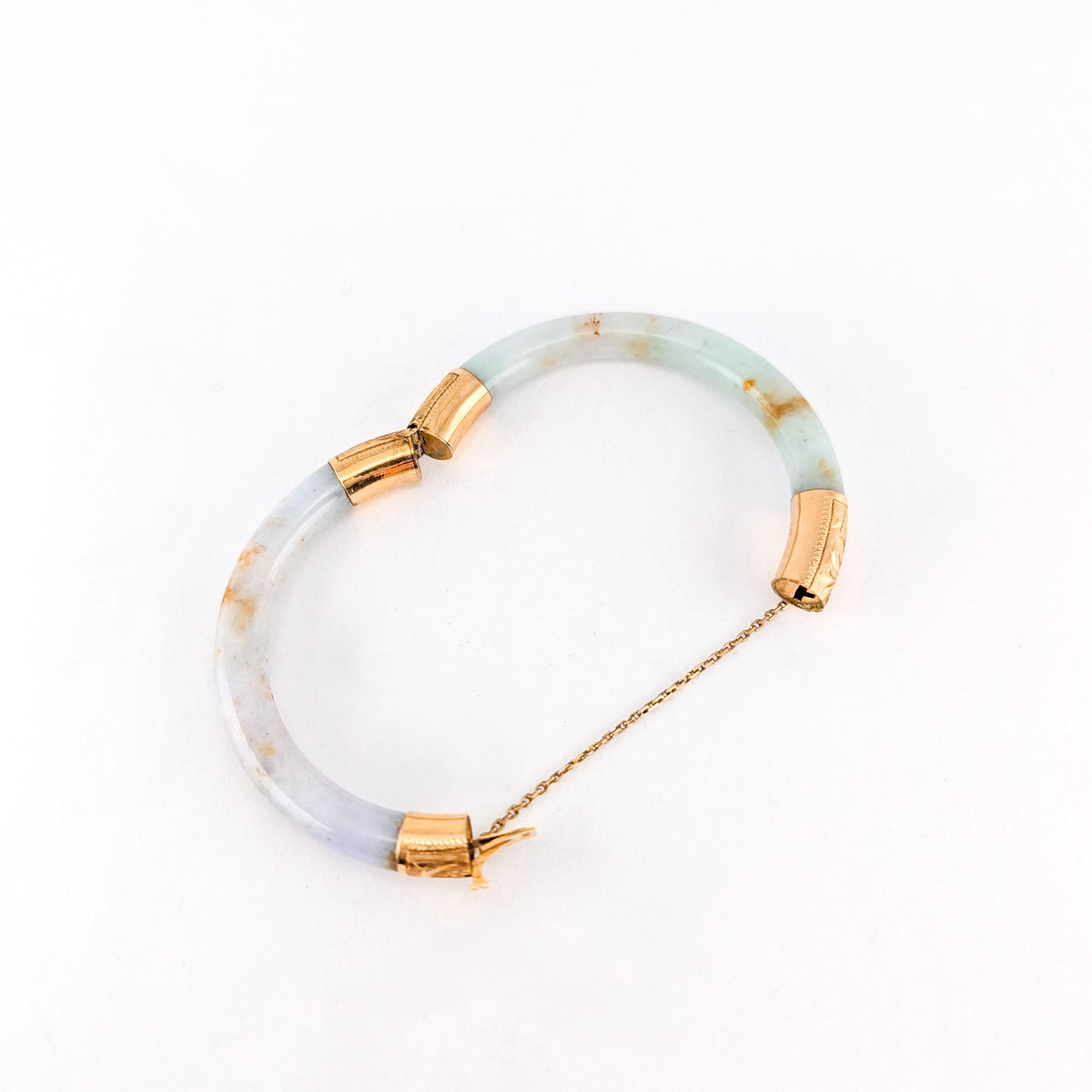 Vintage Mid-Century 14K Yellow Gold Jadeite Jade Hinged Bangle Bracelet