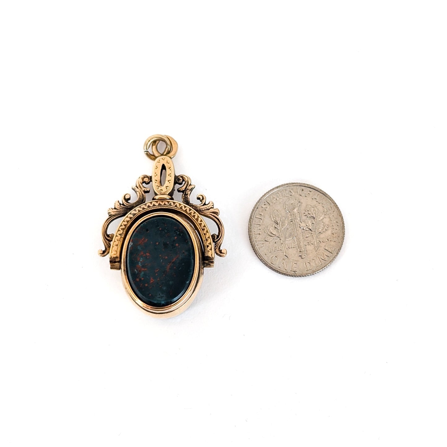 Victorian 15K Gold Swivel Pendant Fob w/ Bloodstone & Roman Hematite Intaglio