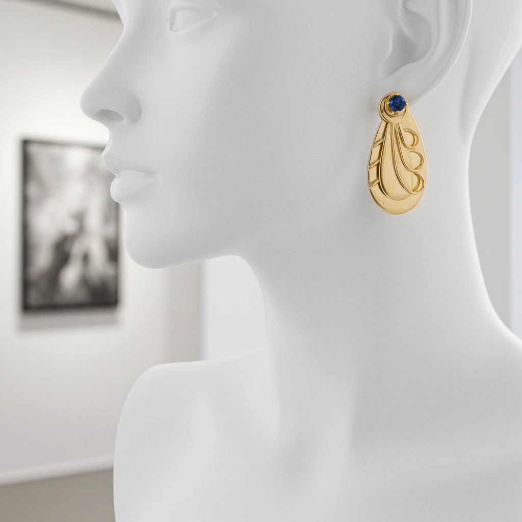 Vintage Late Art Deco / Early Retro 14K Gold Blue Sapphire Earrings – Circa 1930s