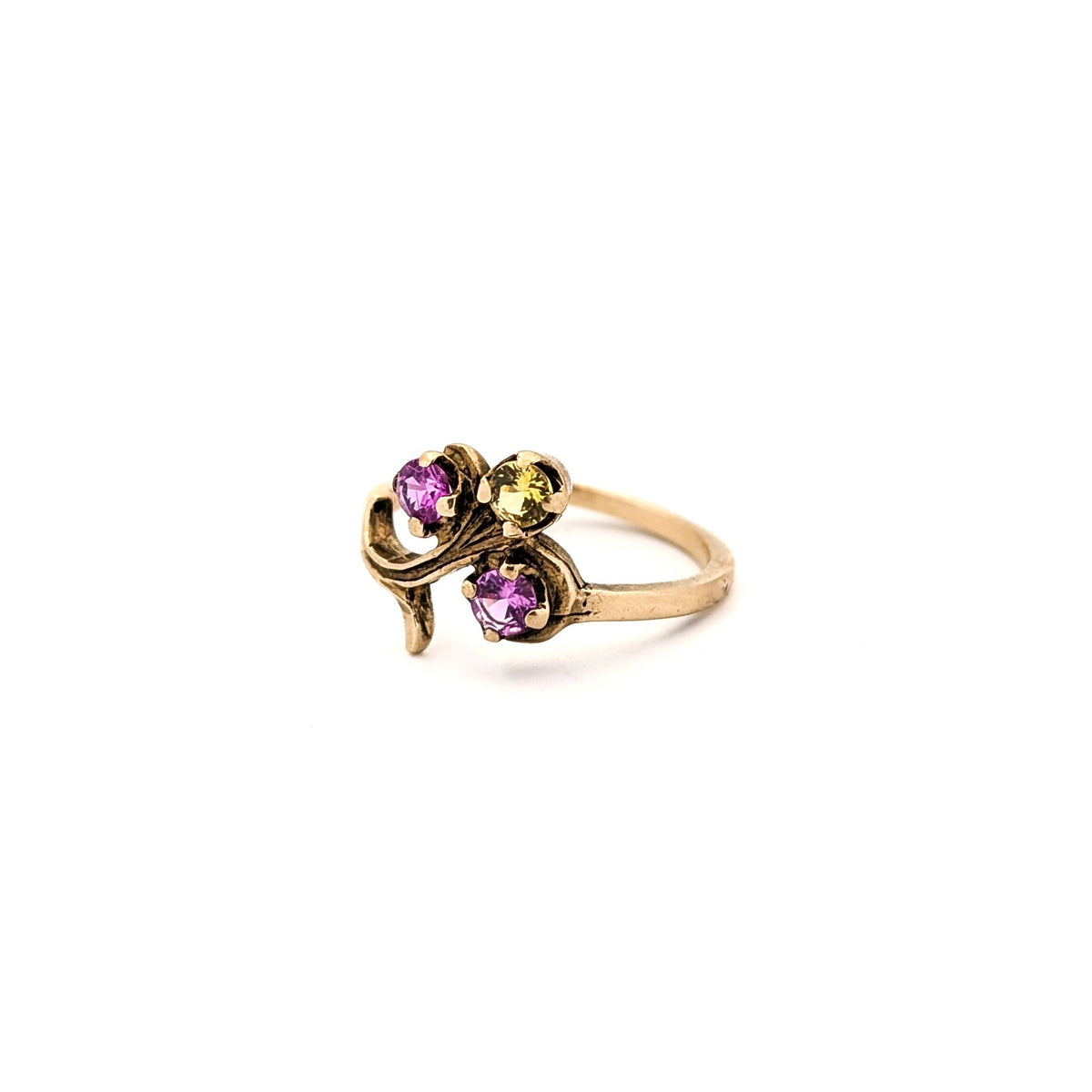 Vintage 10K Gold Floral Ring with Synthetic Pink & Yellow Sapphires