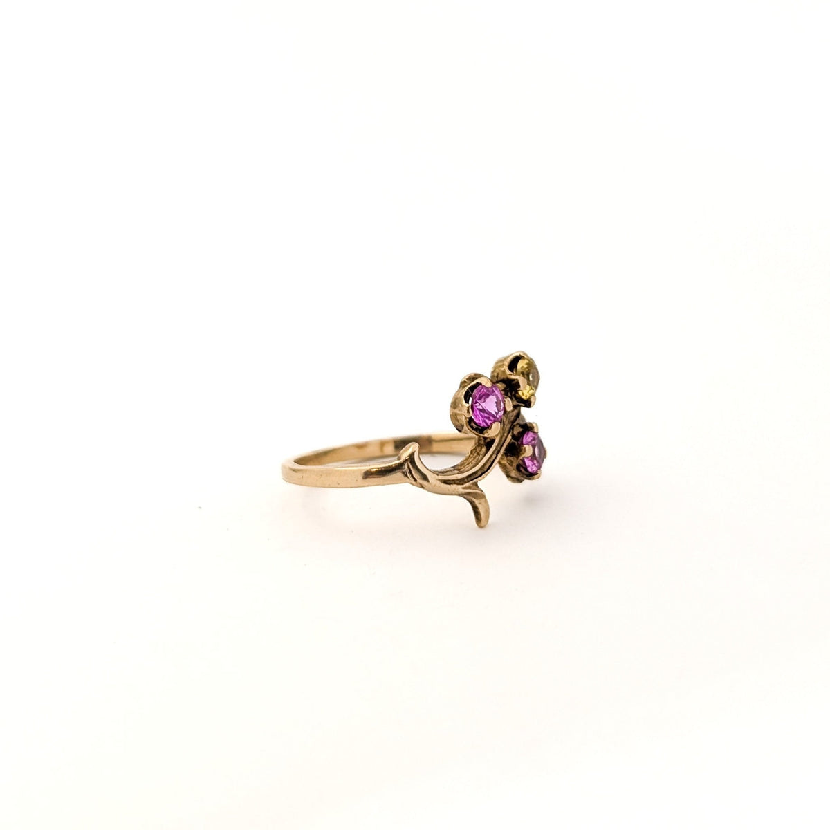 Vintage 10K Gold Floral Ring with Synthetic Pink & Yellow Sapphires