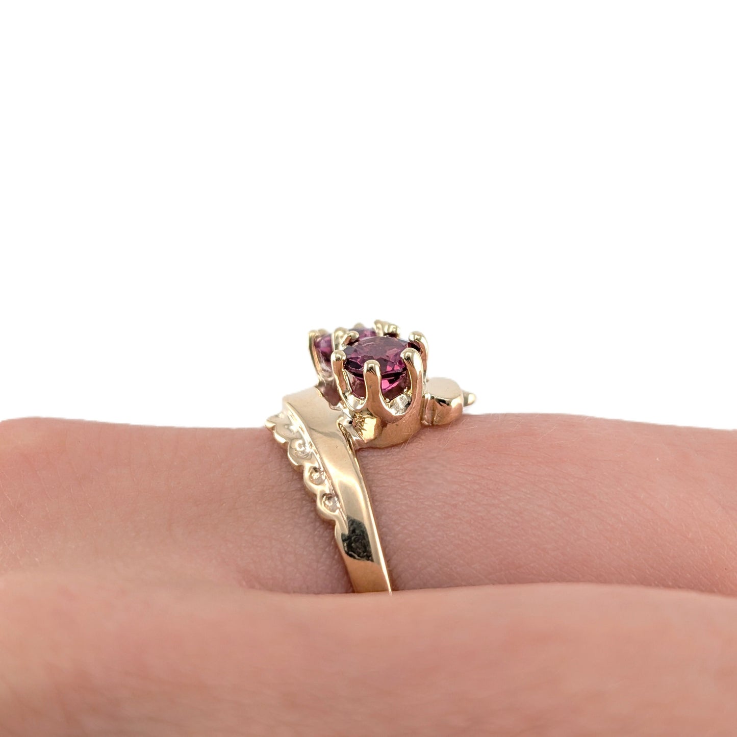 Vintage 10K Gold Rhodolite Garnet Ring | Floral Setting | Stacking Ring
