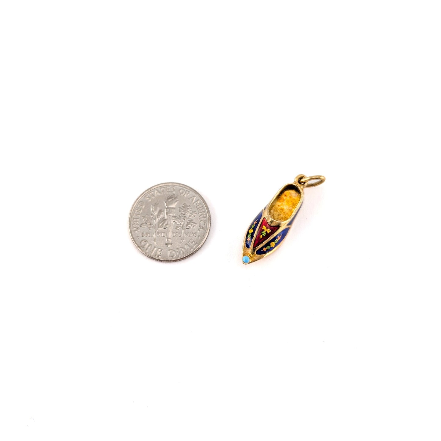 Vintage 14K Gold Enamel Slipper Charm Pendant With Turquoise Accent