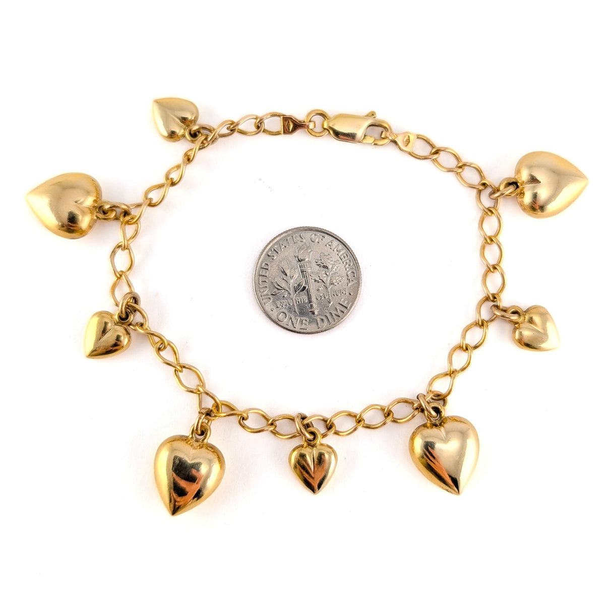 Vintage 14K Gold Puffy Heart Charm Bracelet
